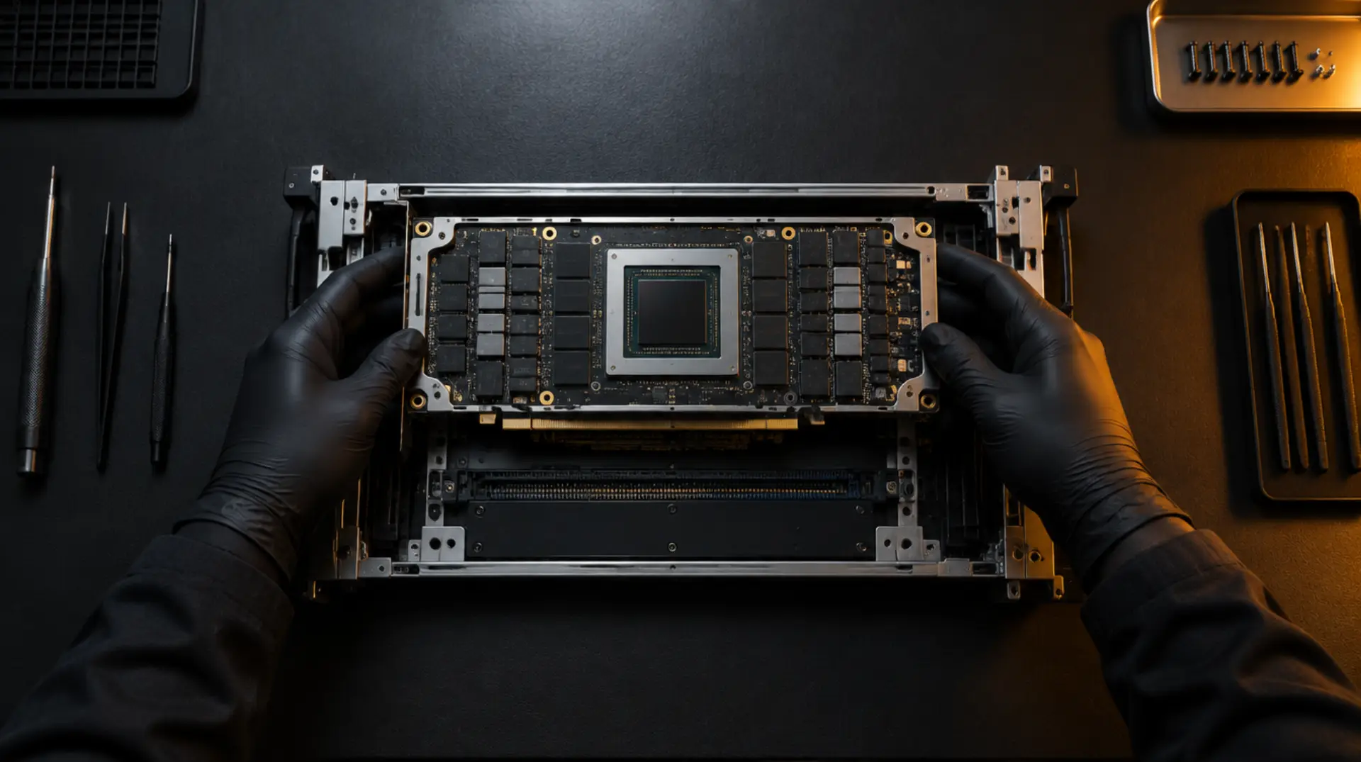 Hands in black gloves seating a GPU module into a server sled